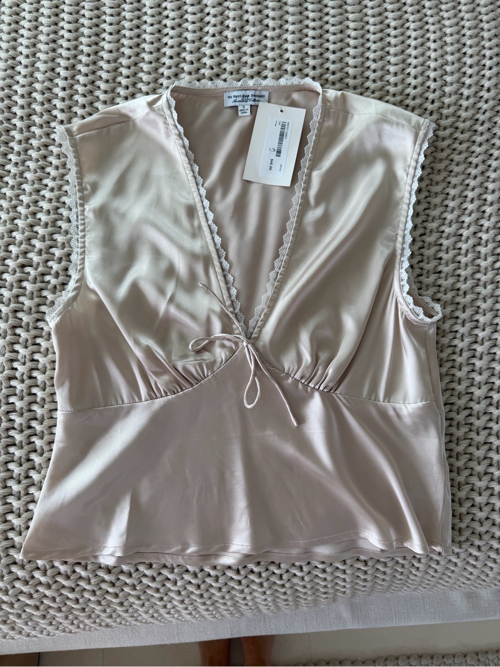 Silky V-Neck Lace-Trim Blouse In Light Beige